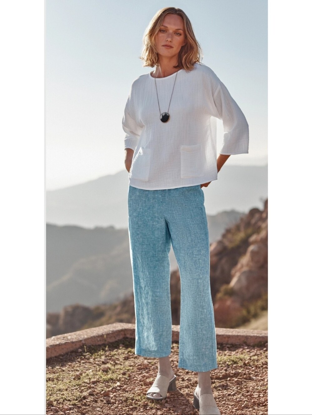 🔥 Pure Jill Linen Crop Pants Coastal Blue | Relaxed Wide Leg Cropped Trousers